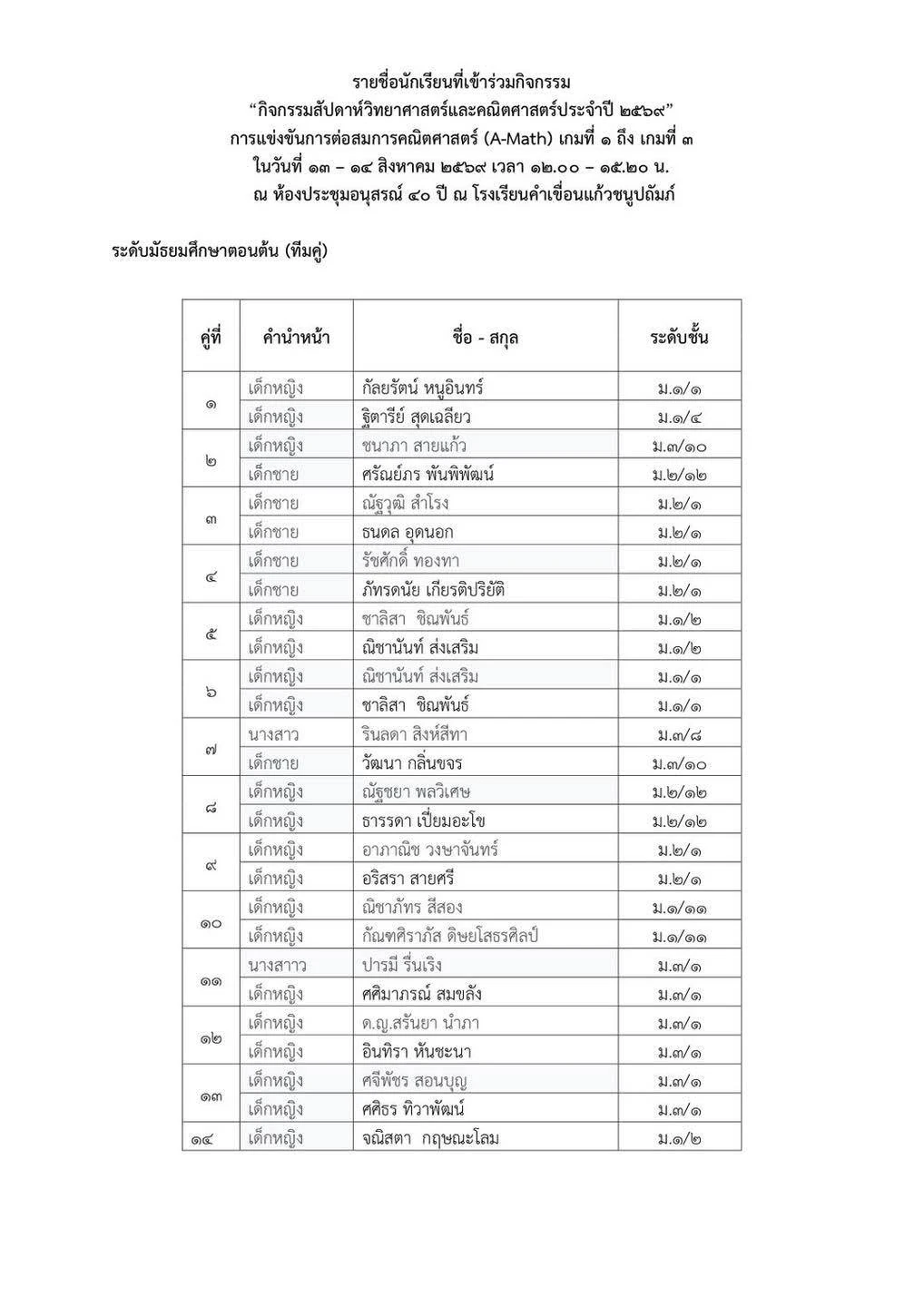 การแข่งขันการต่อสมการทางคณิตศาสตร์ รอบคัดเลือก เนื่องในวันสัปดาห์วิทยาศาสตร์ คณิตศาสตร์ ประจำปีการศึกษา 2569