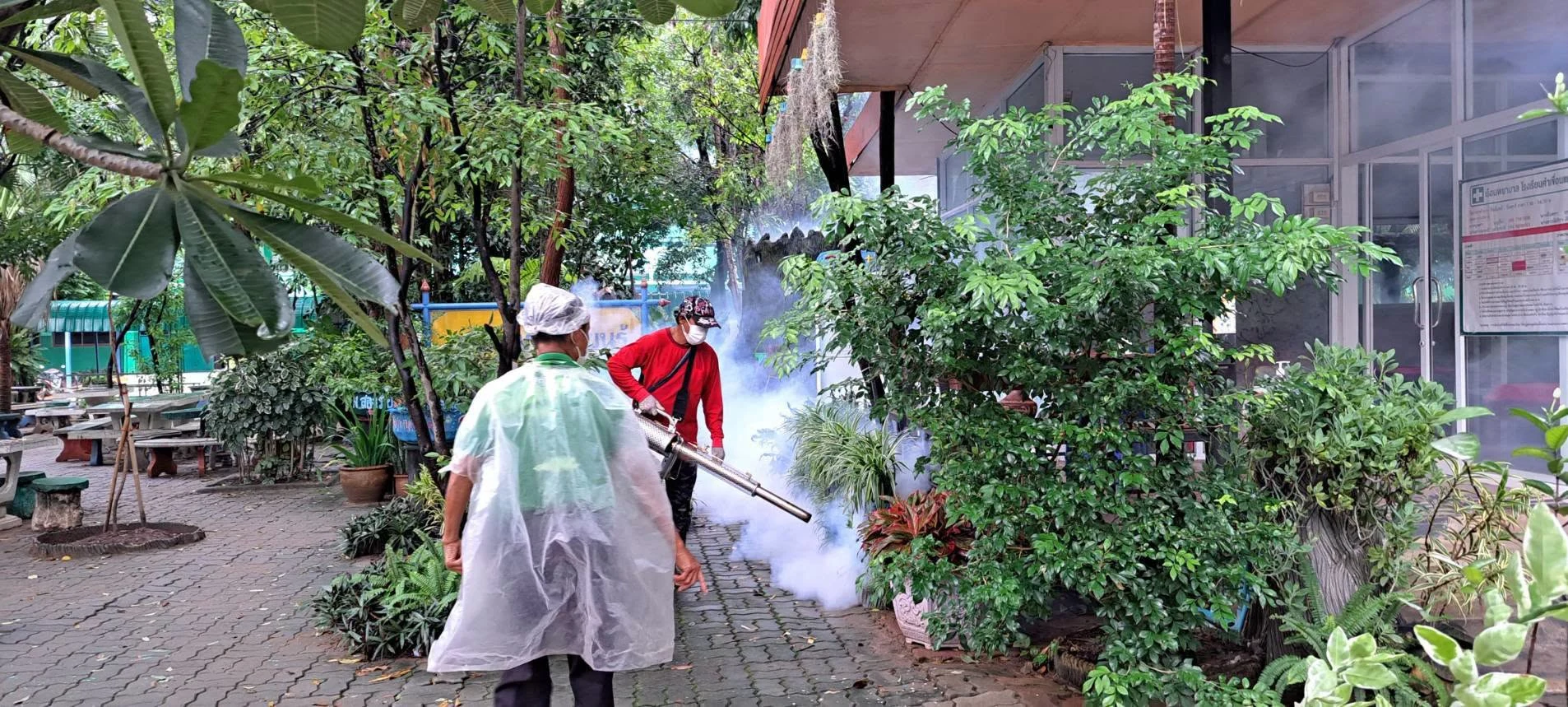 การดำเนินการ พ่นหมอกควันกำจัดยุงลาย ภายในบริเวณโรงเรียน